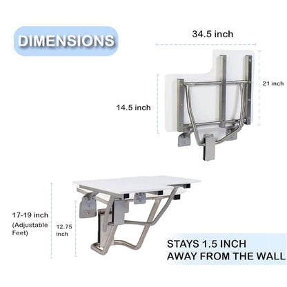 Folding Shower Chair For Elderly And Disabled | ADA Folding Shower Seat Wall Mounted holds up to 600 lbs | High Density Polymer Shower Chair For Inside Shower 304 Stainless Steel | 34.5"x21” Left Hand - size: 34.5 Left