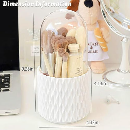 360°Smooth Rotating Makeup Brush Holder with Dustproof Lid Spinning Vanity Organizer for Beauty Lipstick Perfume,Brushes Storage Container,Countertop,Dressing Table,Bathroom Desk (White)