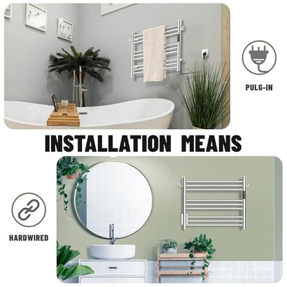 K&KALONZO Wall-Mounted 9-Bar Heated Towel Rack, Fast Heat in 2 Min, NTC Safety | 4 Timers & 3 Heat Levels Control, Plug-In/Hardwired, Top Hooks, Memory Function, Anti-Scald, Stainless Steel, EL13SP - color: Polished, size: H 19.7 x W 23.6