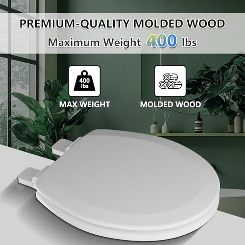 Round Toilet Seat Angol Shiold Quiet-Close Molded Wood Toilet Seat with Non-Slip Adjustable Hinges, Anti-Pinch Bumpers, Easy Install & Clean（White, Round 16.5''） - color: White, size: Round 16.5‘’