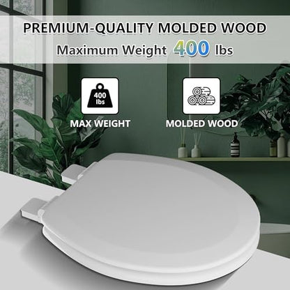 Round Toilet Seat Angol Shiold Quiet-Close Molded Wood Toilet Seat with Non-Slip Adjustable Hinges, Anti-Pinch Bumpers, Easy Install & Clean（White, Round 16.5''） - color: White, size: Round 16.5‘’