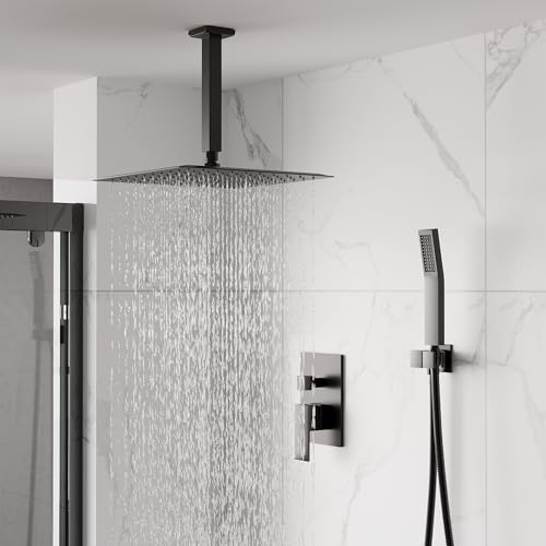 WELLFOR 12-In Ceiling Mount Shower System with Single Handle, Pressure-balanced Valve Included, Waterfall Dual Head Shower Head System, Rain Shower System, Shower Faucet Trim Kits, Matte Black - color: Matte Black, style: Ceiling Mount 12-Inch