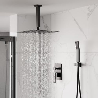WELLFOR 12-In Ceiling Mount Shower System with Single Handle, Pressure-balanced Valve Included, Waterfall Dual Head Shower Head System, Rain Shower System, Shower Faucet Trim Kits, Matte Black - color: Matte Black, style: Ceiling Mount 12-Inch