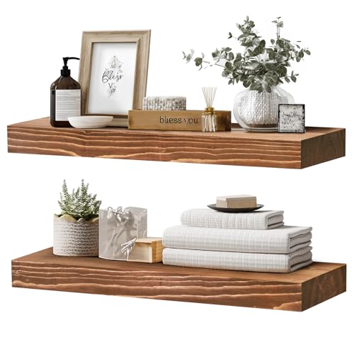 Solid Wood Floating Shelves, 24 Inch Wall Shelves, Set of 2, Brown | 8 Inch Deep, 1.6 Inch Thick, Extra-Wide Display Space, Mounting Hardware Included, For Kitchen, Bathroom and Living Room - color: Brown, size: 24x8x1.6