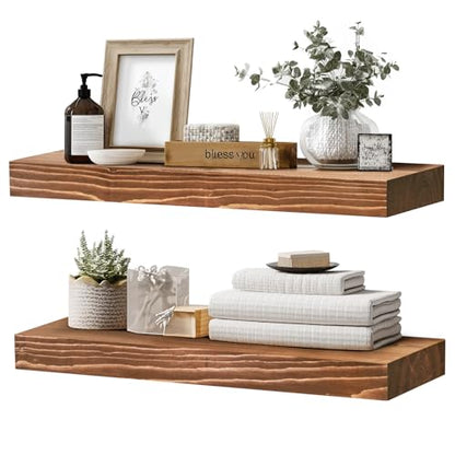 Solid Wood Floating Shelves, 24 Inch Wall Shelves, Set of 2, Brown | 8 Inch Deep, 1.6 Inch Thick, Extra-Wide Display Space, Mounting Hardware Included, For Kitchen, Bathroom and Living Room - color: Brown, size: 24x8x1.6