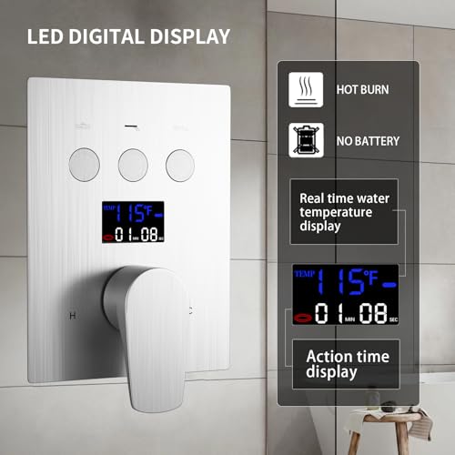 Bathroom Shower System Ceiling 14x20 Inch Shower Head, Spray With Handle, 6 PCS Body Jet And Handheld, Temperature Display Shower Faucet Set (Brushed Nickel) - color: Brushed Nickel
