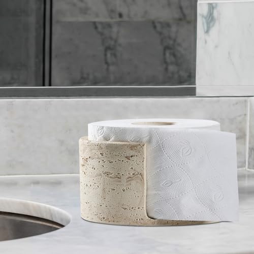 Natural Travertine Textures Toilet Paper Holder Stand for Bathroom Countertop or Floating Shelves,Toilet Top Decorative Roll Organizer Mega Roll 5.5 Inches or Less, Free Standing Mega Roll Storage
