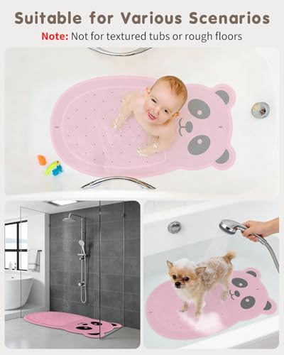Panda Bathtub Mat Non Slip Kids Natural Rubber Low Odor, Bath Mat for Tub Non Slip for Baby 32"x18", Anti-Slip Surface and Strong Suction Cups Dual Anti-Slip, Machine Washable, Pink - color: Pink