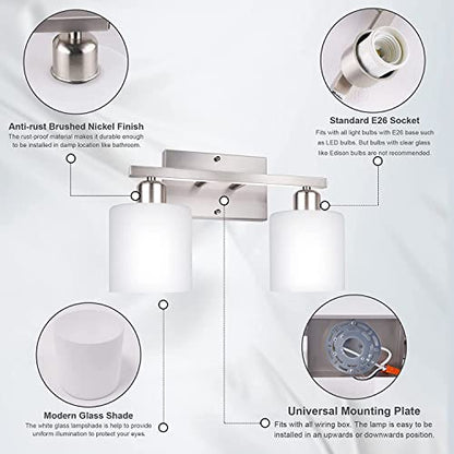 Bathroom Vanity Light Fixture Brushed Nickel, 2-Light Wall Sconces | Anti-Rust Vanity Lights Over Mirror, 12 Inches, E26 Standard Socket, Milky White Glass Shades, Bulbs Not Included - color: Brushed Nickel-2 Light