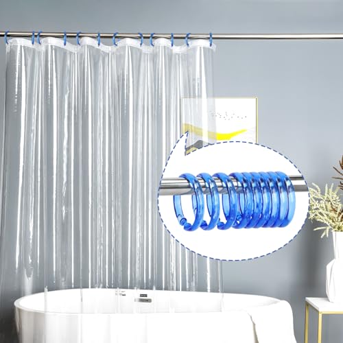 Blue Shower Curtain Hooks - 12 Pcs Circular Plastic Shower Curtain Rings for Bathroom - O Shaped Transparent Blue Shower Hooks Rings for Shower Curtain Rod - color: Transparent Blue