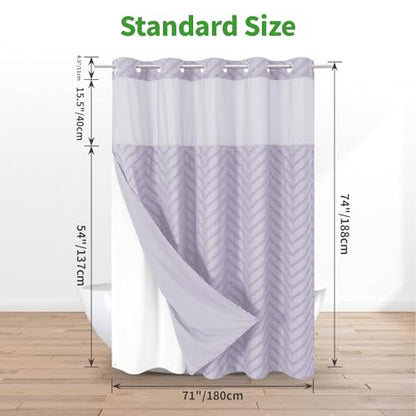 eachope No Hook Boho Farmhouse Shower Curtain with Snap-in Fabric Liner set-71Wx74H(72H),Tufted Chevron Striped Hotel Grade Cloth Shower Curtains for Bathroom with Window,Water Repellent,Lavender - color: Lavender, size: 71"W x 74"L (Pack of 1)