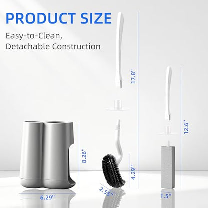 Toilet Brush and Holder Set with Pumice Stone Toilet Bowl Cleaner | Long-handle Scrubber with Ventilated Holder and Pumice Stone for Hard Water Stains, Limescale and Toilet Rings - color: Gray