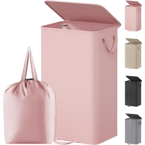 Lifewit Single Laundry Hamper with Lid and Removable Laundry Bags, Large Collapsible 1 Dividers Dirty Clothes Basket with Handles for Bedroom Laundry Room Closet Bathroom College, 100L Pink - color: Pink, size: 100L