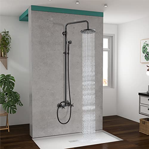 Heyalan Dual Shower System, 8 Inch Rain Head, Handheld,Oil Rubbed Bronze | Dual shower system with 8 inch rain head, handheld sprayer, exposed pipe design, two-handle control, and brass body. - color: Oil Rubbed Bronze