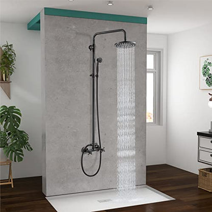 Heyalan Dual Shower System, 8 Inch Rain Head, Handheld,Oil Rubbed Bronze | Dual shower system with 8 inch rain head, handheld sprayer, exposed pipe design, two-handle control, and brass body. - color: Oil Rubbed Bronze