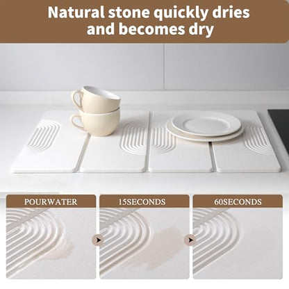 Foldable Stone Dish Drying Mat for Kitchen Counter, Diatomaceous Earth Drying Mat with Non-Slip Backing, Heat Resistant Multifunctional Mat for Kitchen & Bathroom, Instant water absorption-(24"×16") - color: White