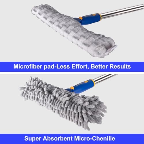 Window Squeegee with 75" Extension Pole, ITTAR Rubber Water Wiper for Glass | Durable Stainless Steel Rod, Rotatable Head for Window Edge, Chenille & Microfiber Pad, Squeegee for Variety Cleaning Needs - color: Blue&white-4
