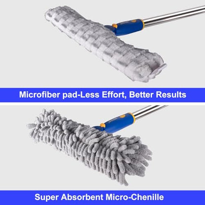 Window Squeegee with 75" Extension Pole, ITTAR Rubber Water Wiper for Glass | Durable Stainless Steel Rod, Rotatable Head for Window Edge, Chenille & Microfiber Pad, Squeegee for Variety Cleaning Needs - color: Blue&white-4