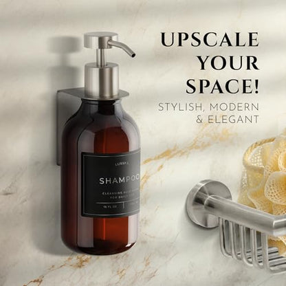Shower Shampoo Dispenser Wall Mounted – Refillable 16.9 oz Amber Bottle with Stainless Steel Pump & No-Drill Adhesive Holder – Soap Dispenser for Bathroom (1 X Amber/Silver) - color: 1 X Amber/Silver