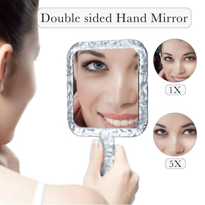 YEAKE Hand Mirror,Double-Sided Handheld 1X/5X Magnifying Mirror with Handle for Makeup, Shaving Mirror with Hole Hanging,Acrylic, 6.1" W x 10" L, Square Shape, Transparent 1 PC - size: 10"L x 6.1"W