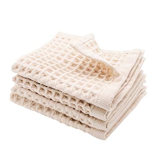 Waffle Washcloths Set, 100% Turkish Cotton (Beige) - color: Beige, size: Washcloths Set (4 Pieces)