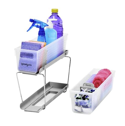 madesmart Compact Two Tier Organizer, Frost | pull out bins, adjustable dividers, tiered access, cleaning supplies, under sink use, pantry bottles, woman owned