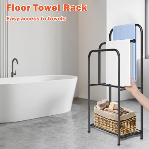 Towel Racks for Bathroom, 35" H Standing Towel Holder 3 Tier Metal Pool Towel Hanger Outdoor Floor with Storage Shelves for Blanket Bath Towel Drying (Matte Black)