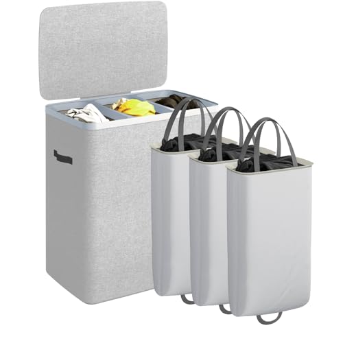 CASAMAYA Laundry Basket with Lid, Laundry Hamper 3 Section, 190L collapsible Laundry Organizer, Easy Assembly, with Handles and Removable Liners, 25.2 x 15.7 x 29.5 Inches, Gray JSP904G - color: Gray, size: 190L(3-Section)