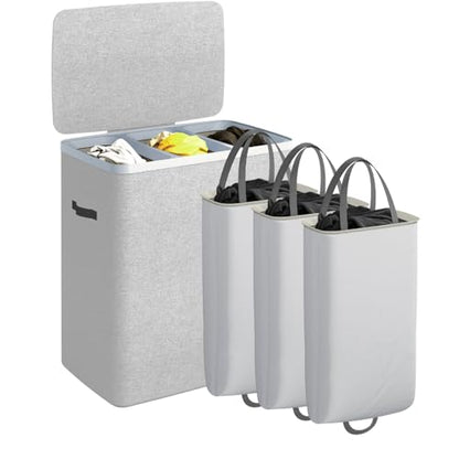 CASAMAYA Laundry Basket with Lid, Laundry Hamper 3 Section, 190L collapsible Laundry Organizer, Easy Assembly, with Handles and Removable Liners, 25.2 x 15.7 x 29.5 Inches, Gray JSP904G - color: Gray, size: 190L(3-Section)