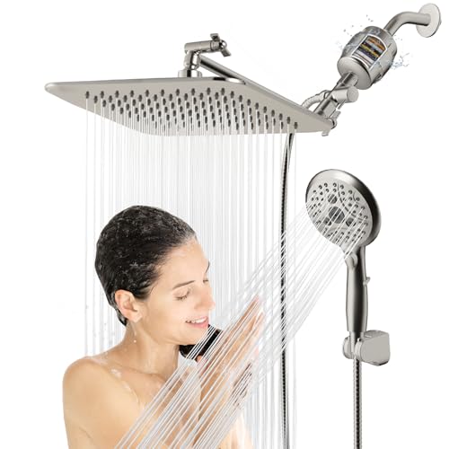 10'' Dual 20 Stage Filtered Shower Head with Handheld, 6 Spray Settings Handheld Shower Head High Pressure Rainfall Filter Combo with 12'' Adjustable Extension Arm, 71'' Shower Hose (Brushed Nickel) - color: Brushed Nickel, size: 10 Inch