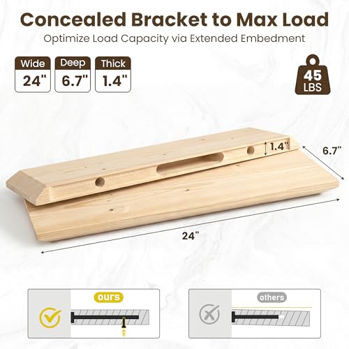 Acovy 24in Solid Spruce Wood Floating Shelves with Beveled Bottom Edges, Wooden Floating Shelf with Heavy-Duty Bracket for Living Room Bathroom Bedroom Kitchen, Rustic Natural, DIY Available, 2 Packs - color: Rustic Natural, size: 24"-2 Packs