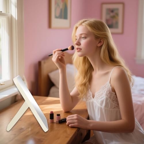 8 Inch Desktop & Wall Hanging Makeup Mirror, Foldable Portable Princess Mirror with Stand, Khaki - color: Khaki