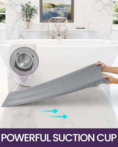 DEXI Bathtub Mat Non Slip, 39x16 Bath Tub Shower Floor Bathroom Mats Grey | Extra Long Suction Cups, Drain Holes, Machine Washable for Tub Shower Floor Bathmat - color: Gray