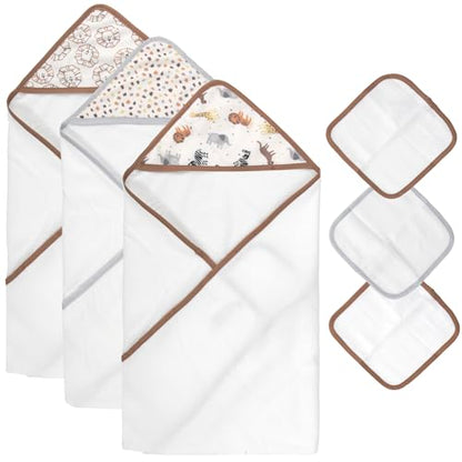 Baby Bath Essential Hooded Baby Bath Towel and Washcloth 6 Piece Set for Newborns, Infants & Toddlers, Boys & Girls Baby Hooded Towels Set (Safari Animals) - color: Safari Animals