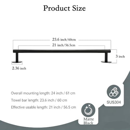 3M Towel Bar, 24 Inch 304 SS Matte Black No Drill Self Adhesive Bathroom Towel Rod Wall Mounted - color: Matte Black, size: 23.6 Inch