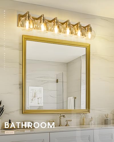 6-Light Brushed Gold Bathroom Vanity Light, Clear Glass Globe Shade | 38" modern bathroom light fixtures over mirror, E26 base, bulbs not included, VL195-BG-6 - color: Brushed Gold, Clear Glass, size: 6-light