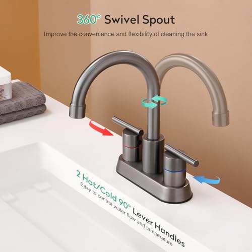 Faustina Gery Bathroom Faucet, 4 Inch Centerset Faucet for Sink 2 Holes 3 Holes，Two Handles 304 Stainless Steel with Pup up Drain Assembly and 2 Water Supply Lines for RV Vanity - color: Gery, style: Modern Centerset