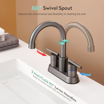 Faustina Gery Bathroom Faucet, 4 Inch Centerset Faucet for Sink 2 Holes 3 Holes，Two Handles 304 Stainless Steel with Pup up Drain Assembly and 2 Water Supply Lines for RV Vanity - color: Gery, style: Modern Centerset