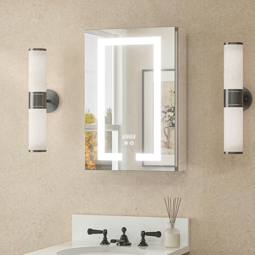 TETOTE LED Lighted Medicine Cabinet Mirror with Tempered Glass 16 x 24 Recessed or Surface Mount Bathroom Cabinet with Lights and Storage, Outlets & USB, 3-Color Dimming, Defog, Adjustable Shelves - size: 16x24