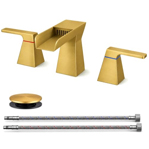 Brushed Gold Waterfall Bathroom Faucet for 3-Hole Sinks 8 Inch Widespread Vanity Faucet with Sculptural Trapezoid Body, Two Handles, Pop-Up Drain & Hoses - color: B - Brushed Gold