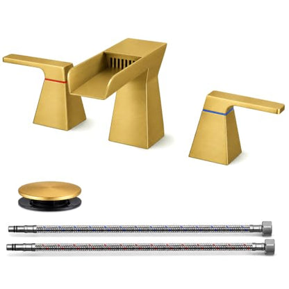 Brushed Gold Waterfall Bathroom Faucet for 3-Hole Sinks 8 Inch Widespread Vanity Faucet with Sculptural Trapezoid Body, Two Handles, Pop-Up Drain & Hoses - color: B - Brushed Gold