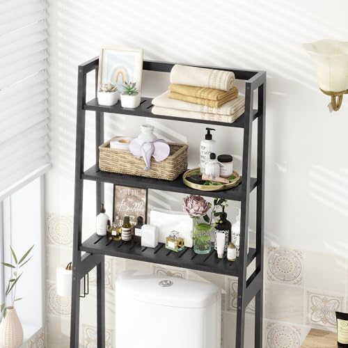 MallKing Over-The-Toilet Storage Rack, Wooden 3-Tier Over-The-Toilet Storage Rack Bathroom Space Saver Organizer, Freestanding Above Toilet with Toilet Paper Holder and Hooks (Black)