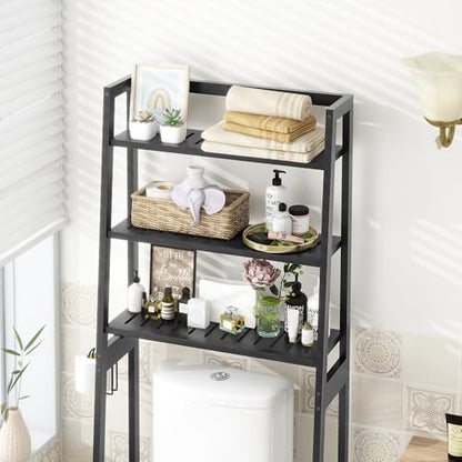 MallKing Over-The-Toilet Storage Rack, Wooden 3-Tier Over-The-Toilet Storage Rack Bathroom Space Saver Organizer, Freestanding Above Toilet with Toilet Paper Holder and Hooks (Black)