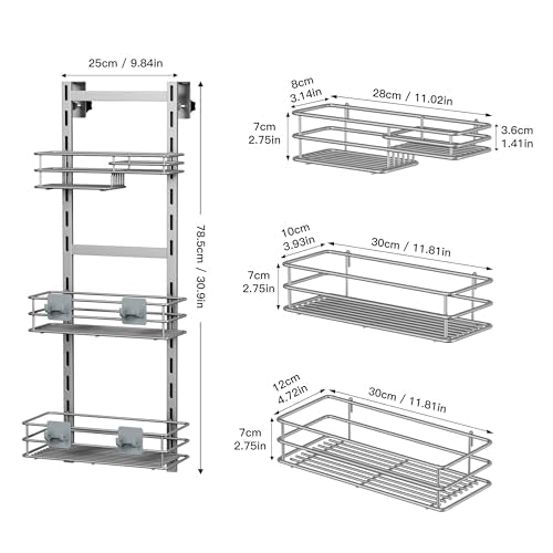 Orimade Over The Door Shower Caddy Adjustable 3 Tier Silver,Bathroom Hanging Organizer Shelf Rustproof with 4 Hooks,Shower Basket with Soap Holder and Suction Cup - color: Silver Grey-3T