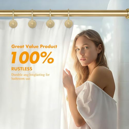 Pearlbee Gold Shower Curtain Hooks, 12Pcs Rustproof Heavy Duty Zinc Alloy | Round beaded design, 4mm zinc alloy, rustproof, anti-drop, smooth glide, easy install, Modern Decorative, matte gold - color: Gold