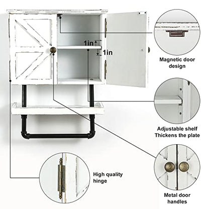 23.1x16.9'' Bathroom Wall Cabinet with Adjustable wall Shelf and Towel Bar Double Doors Medicine Cabinet Wall Mounted with Hanging Bar, Rustic Wood Storage Kitchen (Rustic White) - color: Rustic White