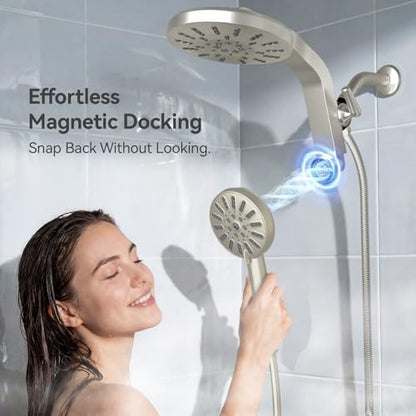 INAVAMZ High Pressure Rain Shower Head Combo with Magnetic Handheld Nickel | Dual Shower System with Rainfall Showerhead and 8-Spray Handheld, Magnetic Dock, Adjustable Angle, Power Jet for Cleaning - color: Nickel