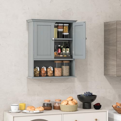 Bathroom Wall Cabinet, Over the Toilet Storage Cabinet with 2 Doors, 3 Heights Adjustable Shelf & Open Shelf, Wooden Hanging Medicine Cabinet for Bathroom, Kitchen, Living & Laundry Room, Gray - color: Grey