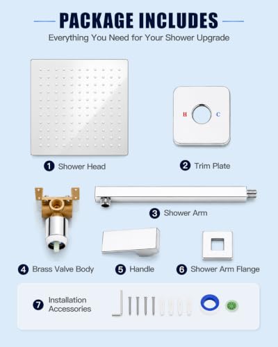 Heyalan 10 Inch Square Rain Shower Faucet Set with Valve, Polished Chrome | Female-thread 1/2-inch NPT connections, SUS304 shower head, brass rough-in valve, single-handle control Shower Set - color: Chrome, size: 10 Inch Square Shower Head