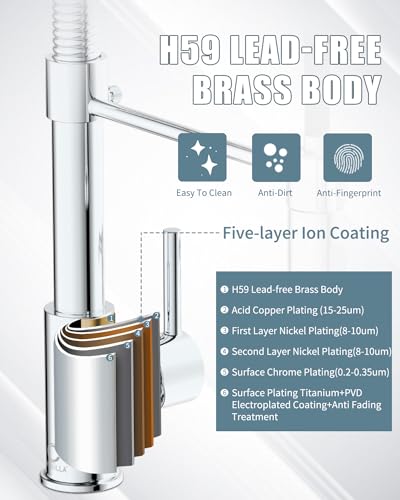 Kitchen Faucet, Commercial Kitchen Sink Faucets with Pull Down Sprayer, Stainless Steel Faucets for Kitchen Sinks, Dual Function Spray Head, Single Handle Spring Kitchen Faucets -Chrome Finish - color: E-Chrome Polished, style: Classic